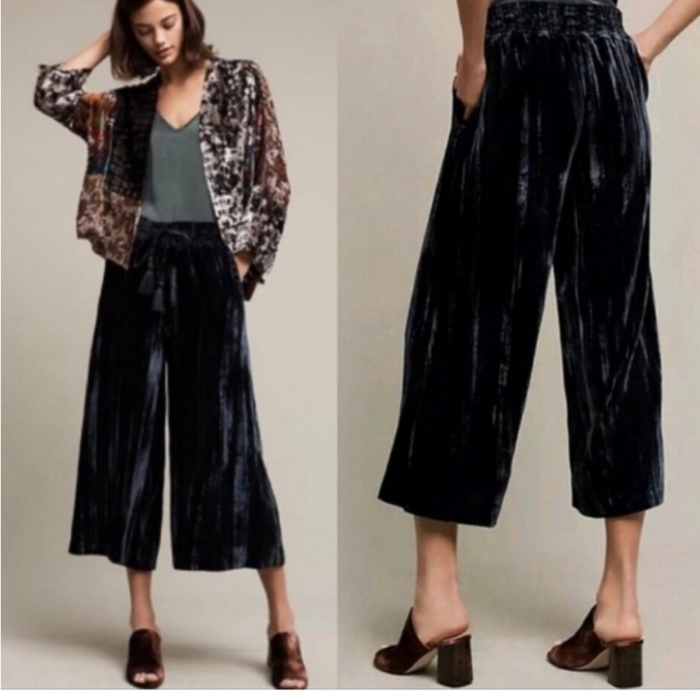 ANTHROPOLOGIE Hei Hei Wide Leg Velvet Crop Pant Culotte Green Embroidered Small